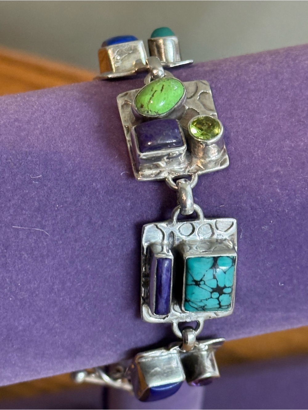 Sterling Silver 825 Multi Gemstone Stone Bracelet Fits 7.5 Peridot Turquoise Etc - Picture 5 of 16